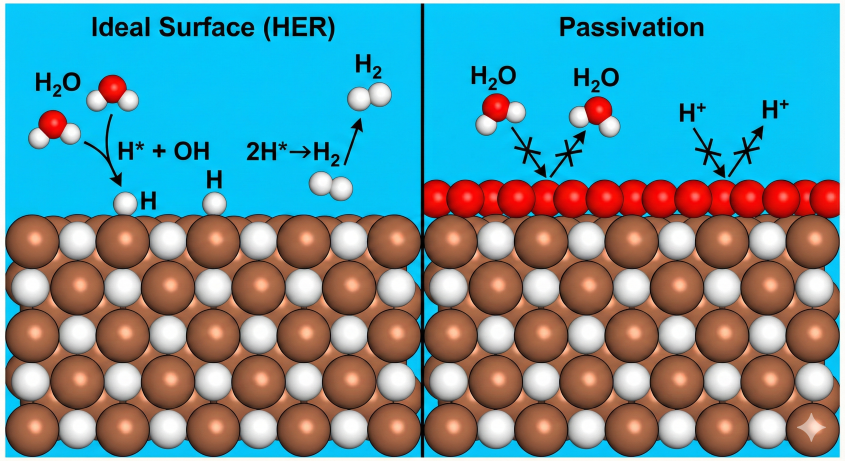 Al3Sc表面における水素発生と酸素被毒のメカニズム模式図