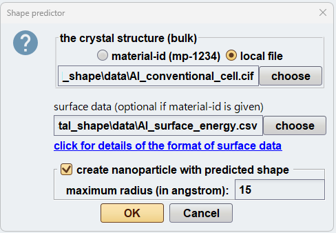 GUI snapshot for shape prediction showing input fields for crystal structure and surface data