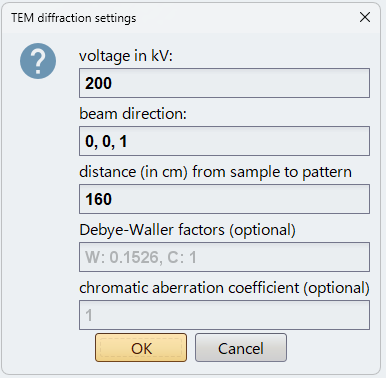 TEM diffraction settings GUI